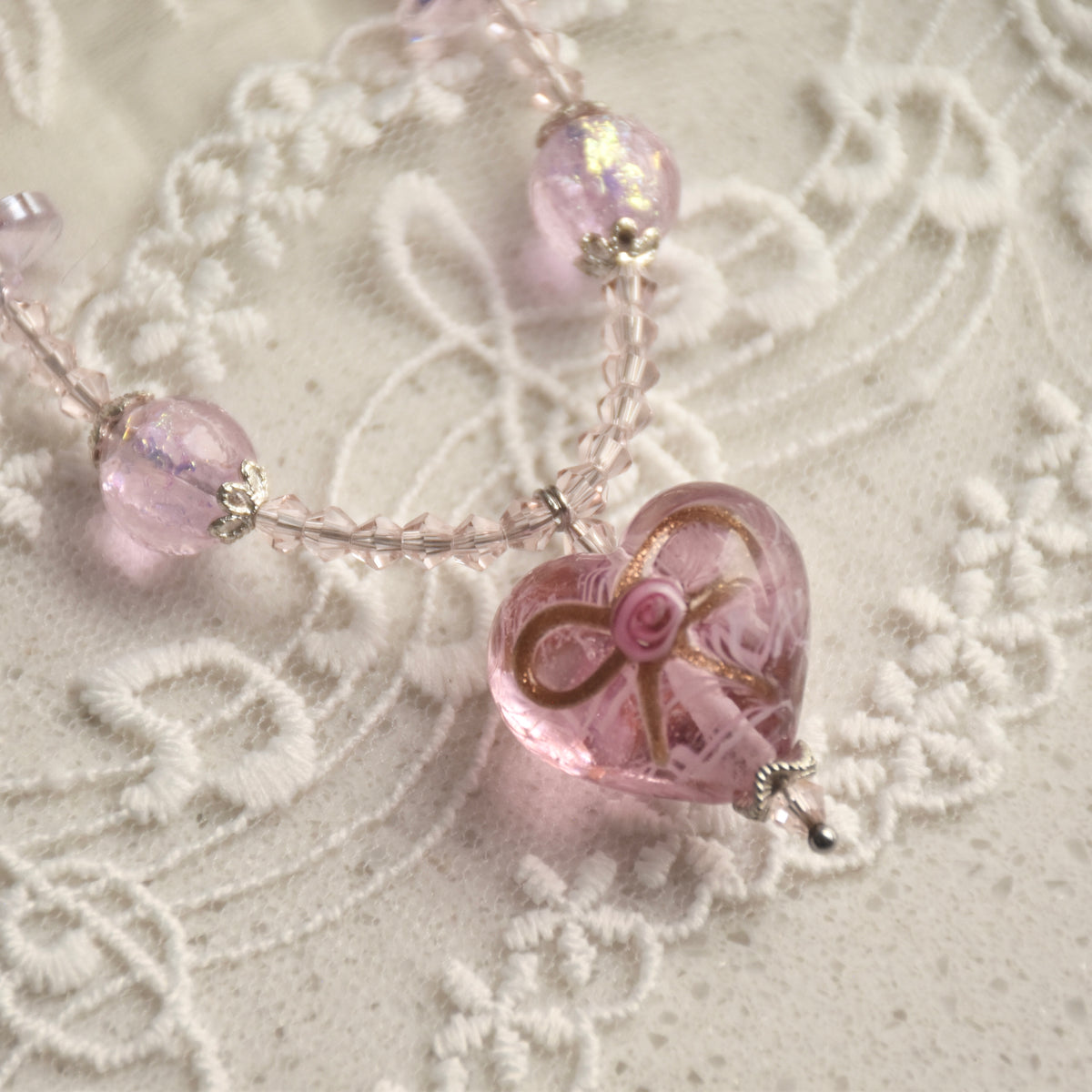 Lace & Ribbon Wedding Cake Lampwork Necklace