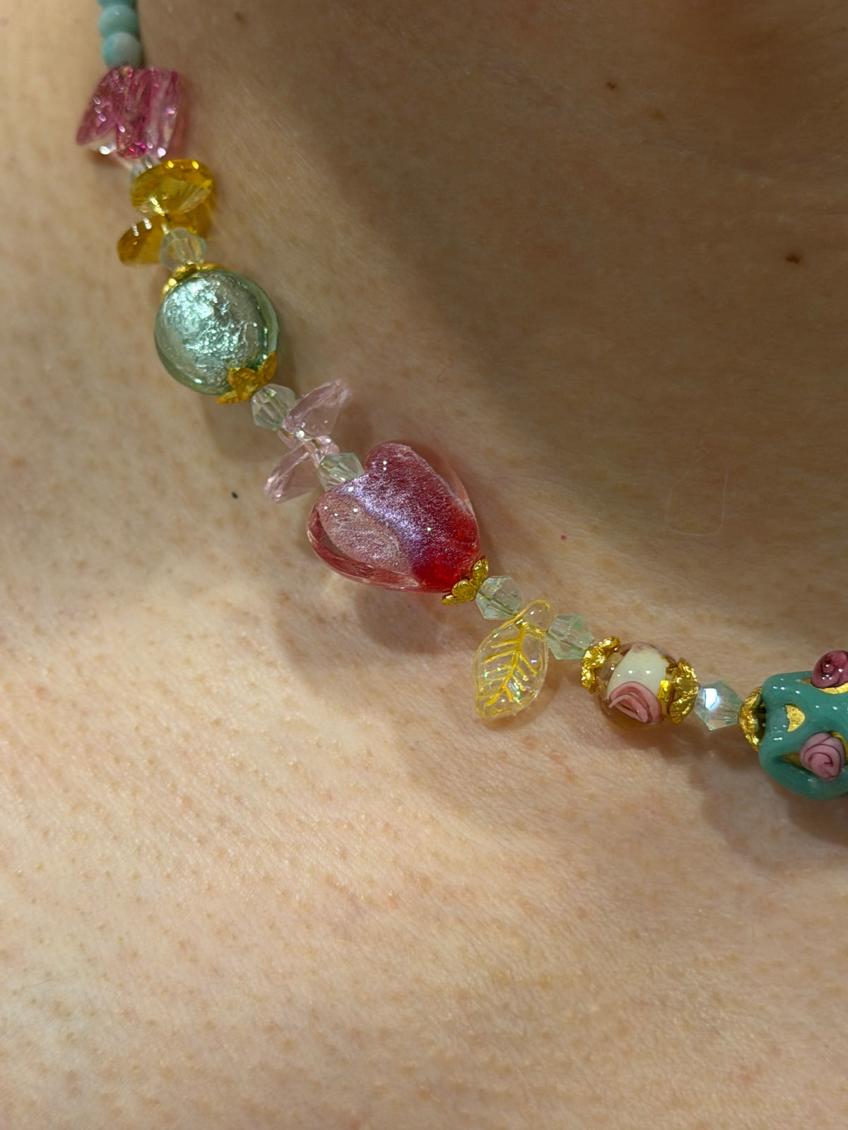 Mint‑Rosette Floral Tassel Lampwork Necklace