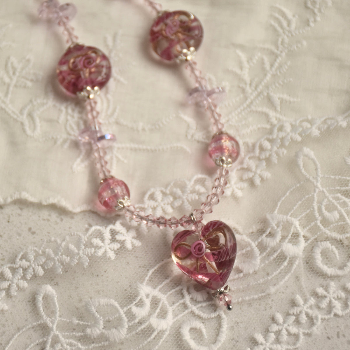 Lace & Ribbon Wedding Cake Lampwork Necklace