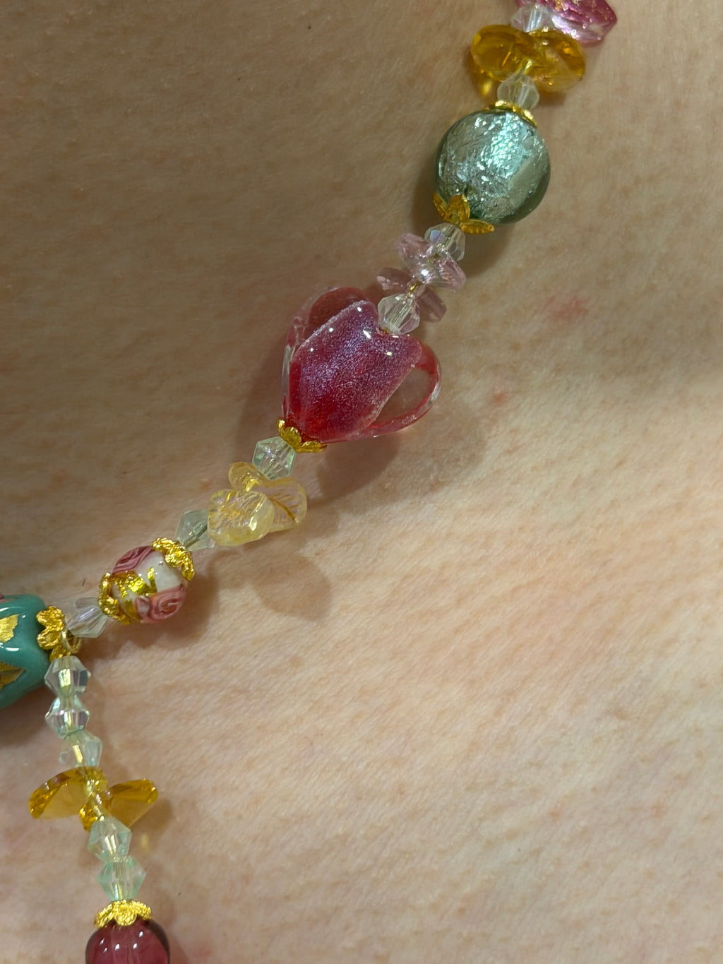 Mint‑Rosette Floral Tassel Lampwork Necklace