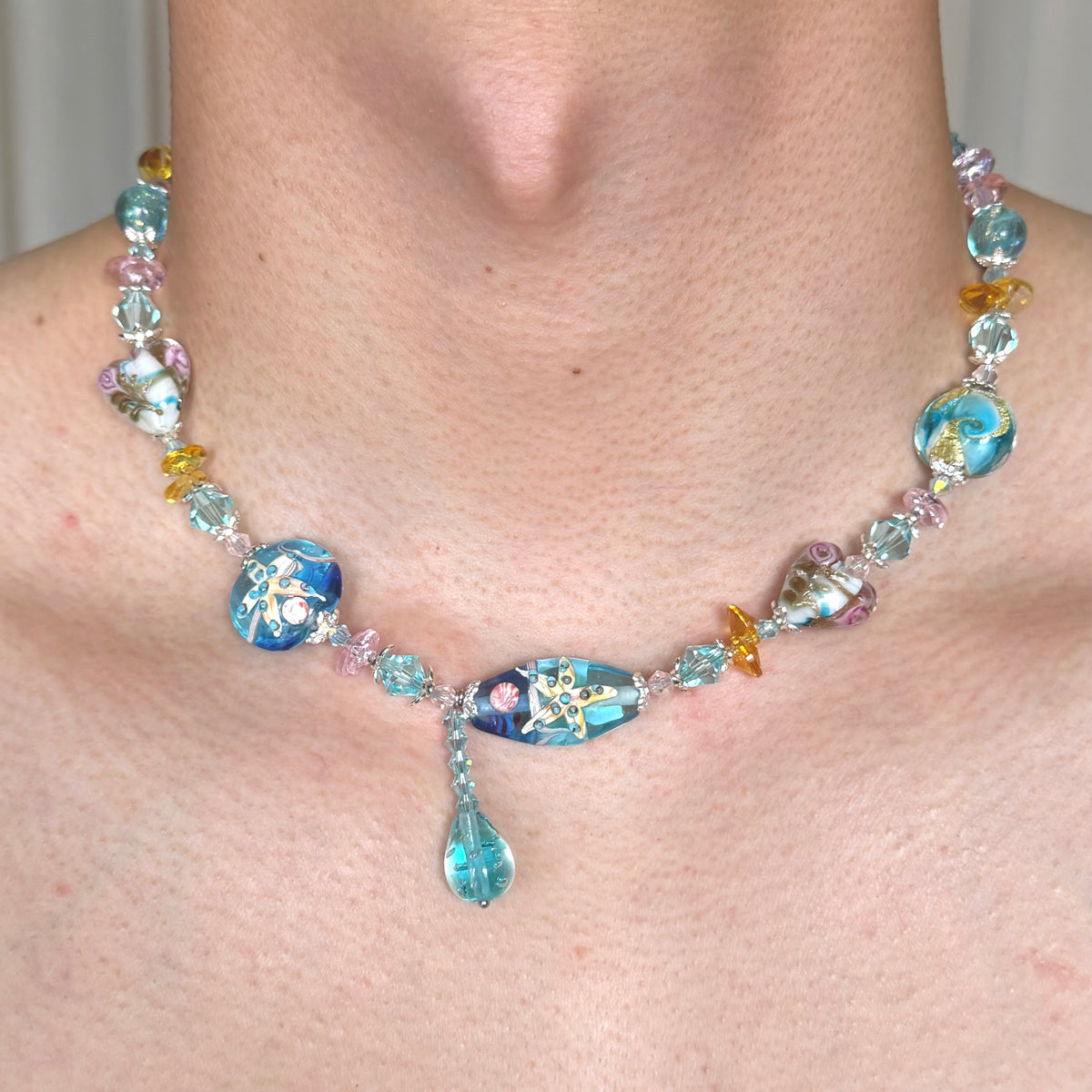 Teardrop of Rose Ocean Lampwork Necklace