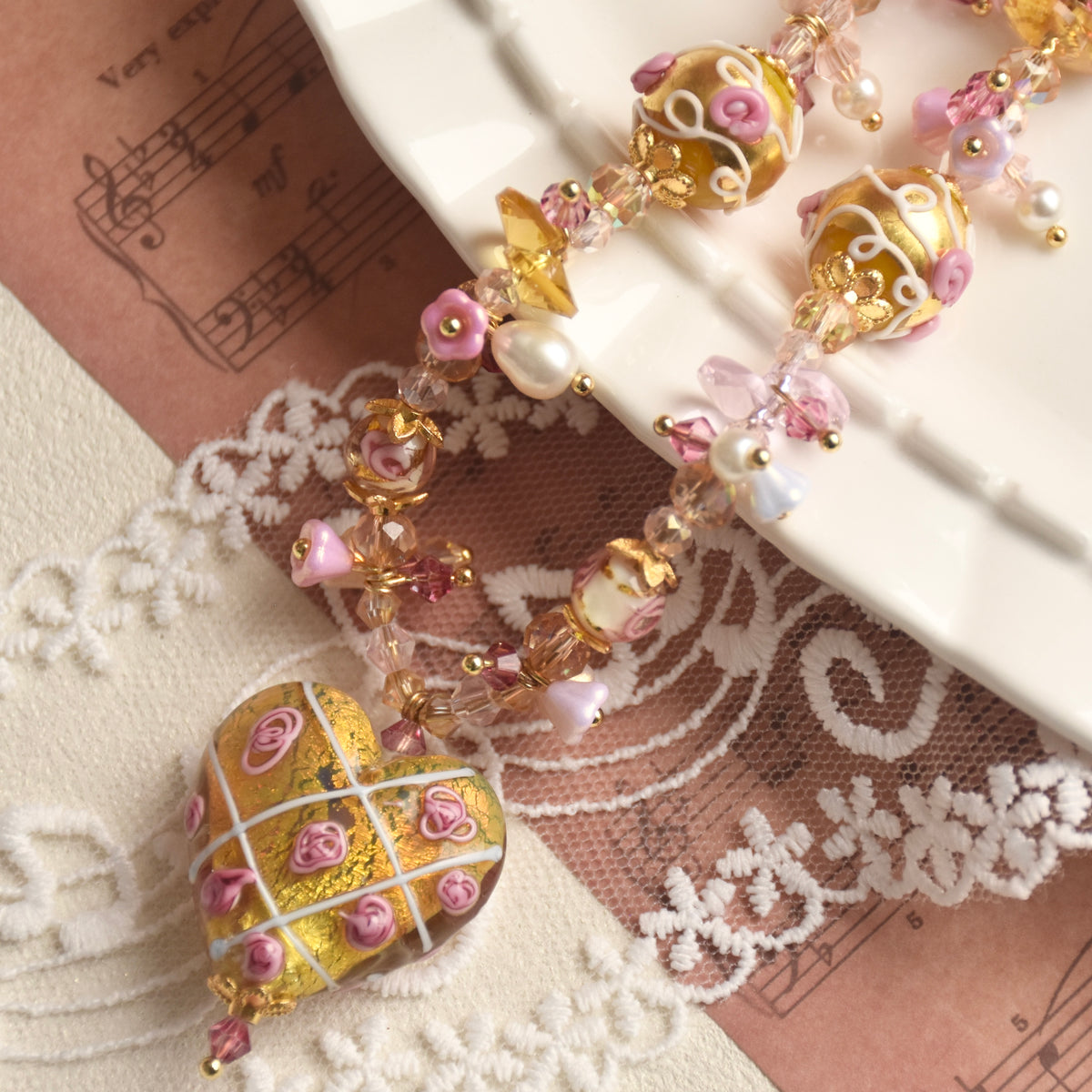 Gilded Rose Heart Lampwork Necklace