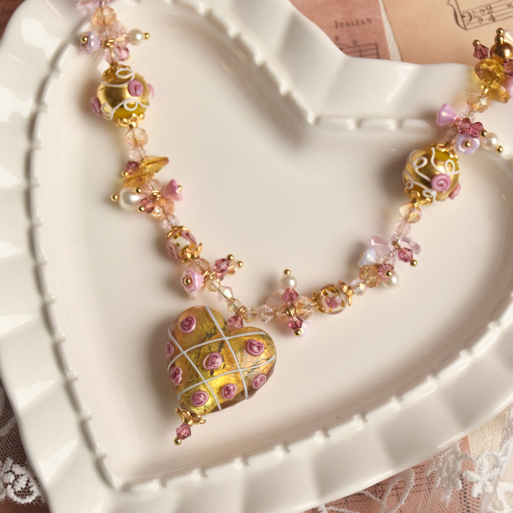 Gilded Rose Heart Lampwork Necklace