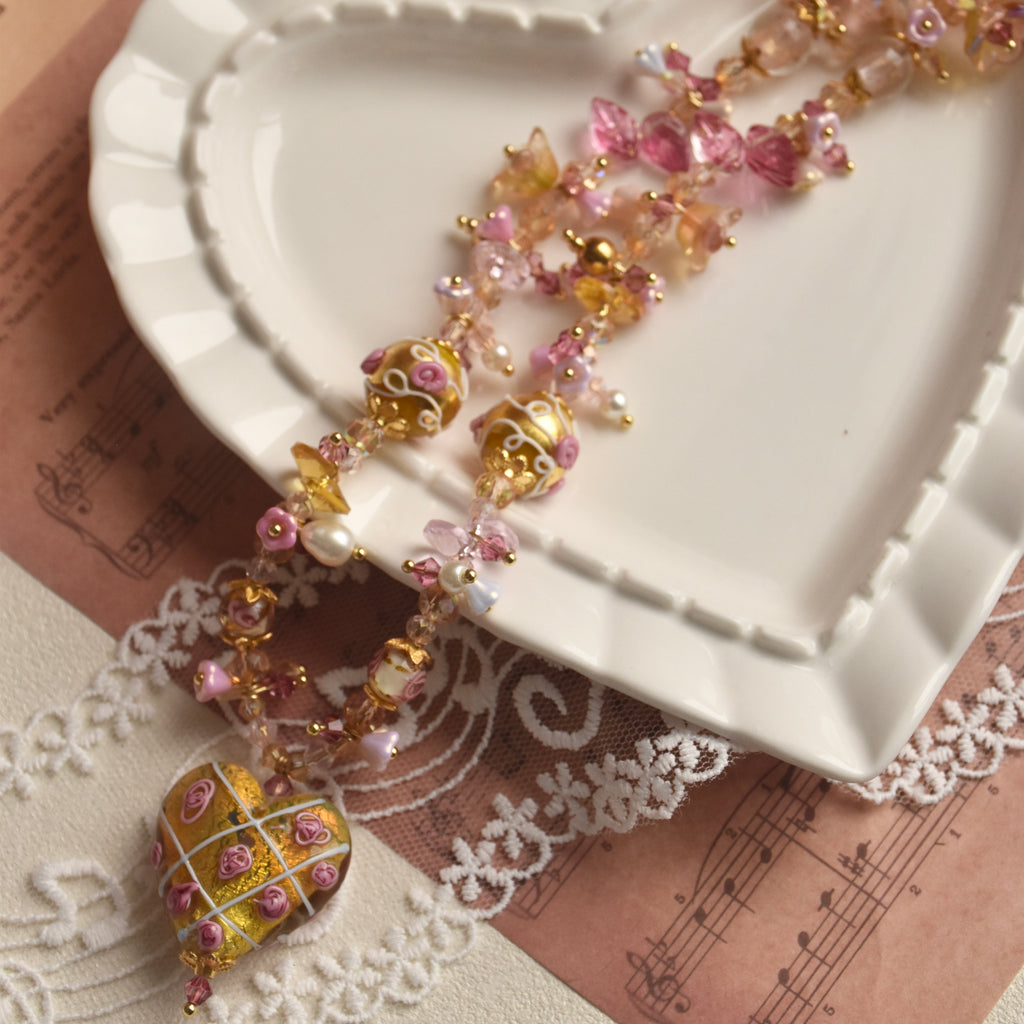 Gilded Rose Heart Lampwork Necklace