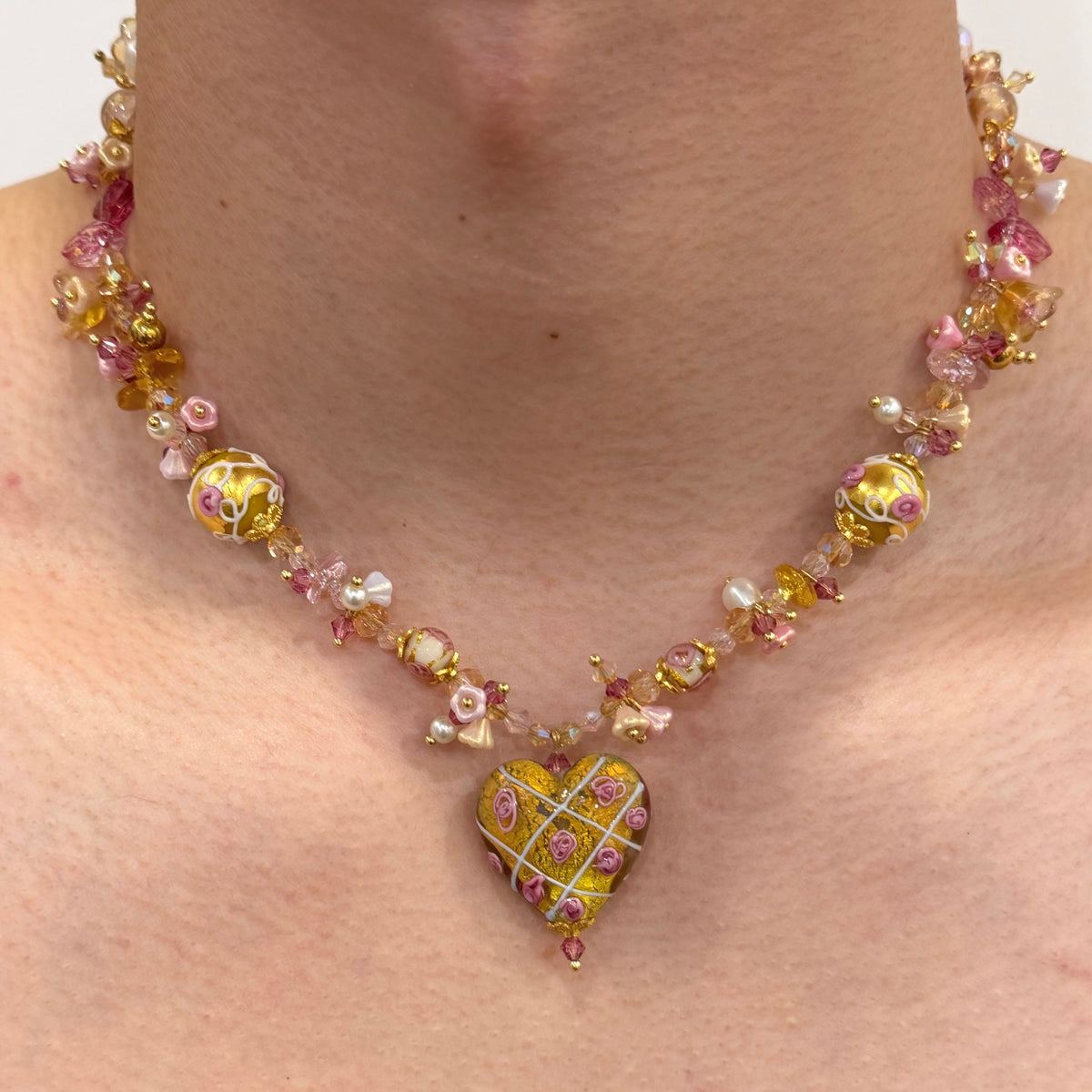 Gilded Rose Heart Lampwork Necklace