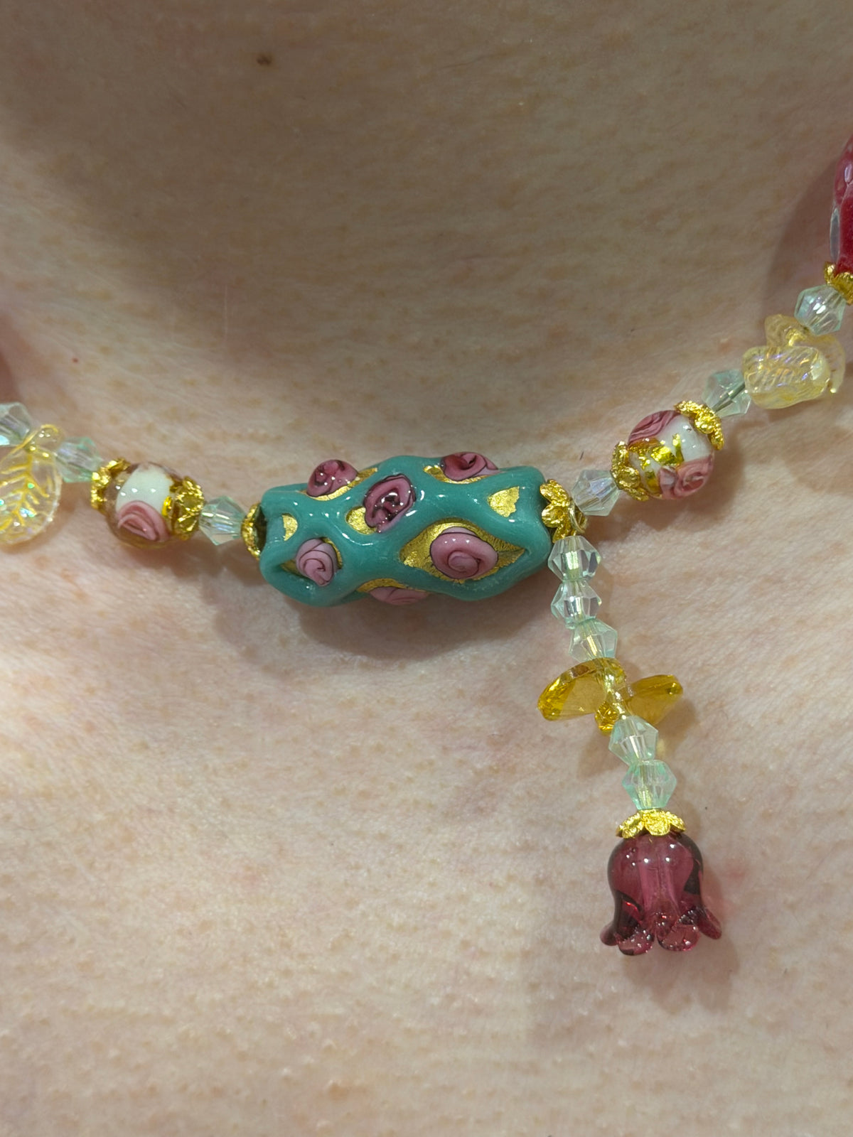 Mint‑Rosette Floral Tassel Lampwork Necklace