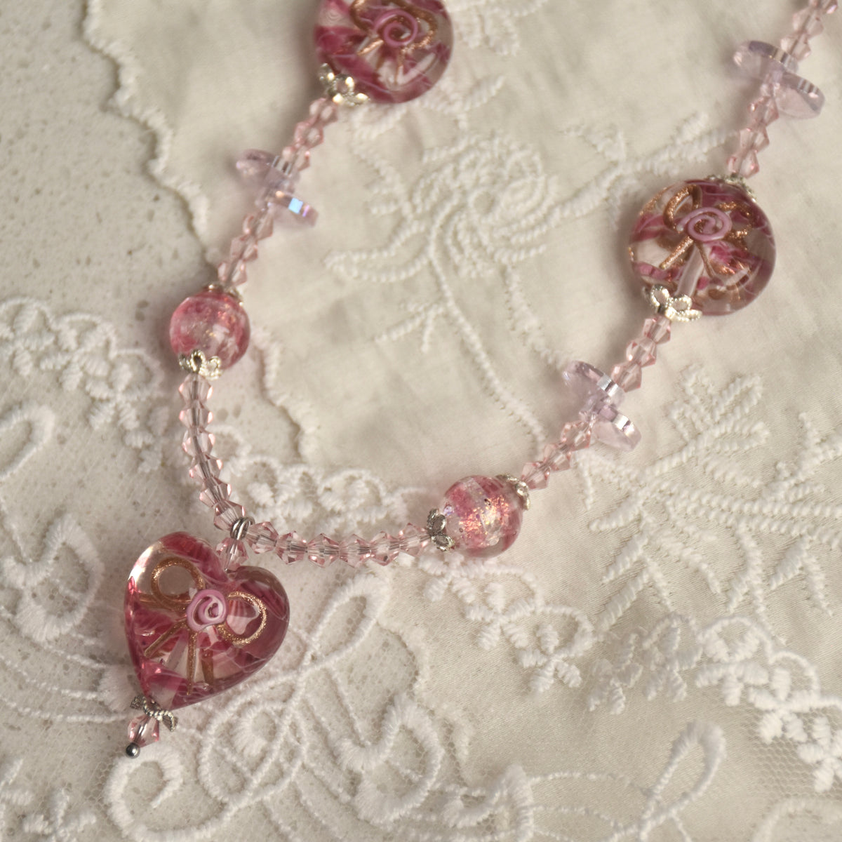 Lace & Ribbon Wedding Cake Lampwork Necklace