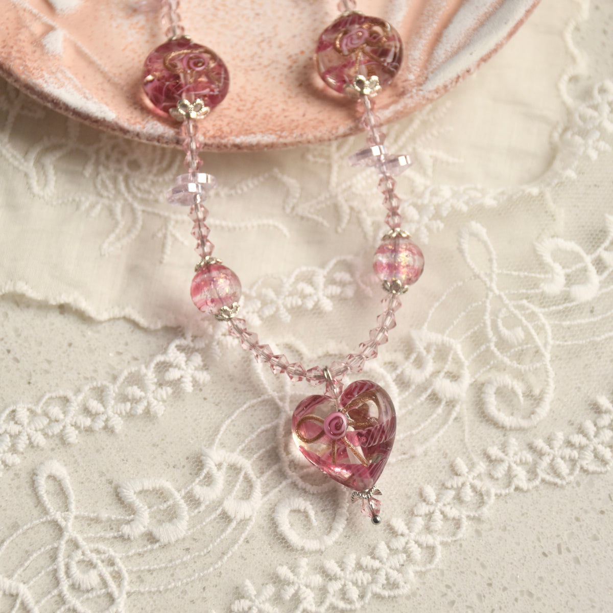 Lace & Ribbon Wedding Cake Lampwork Necklace
